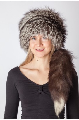 Silver fox fur hat with tail